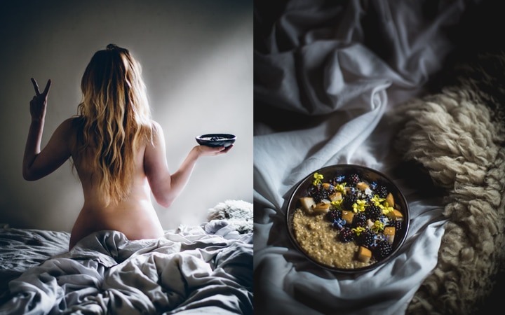 Naked girl in bed with bowl of steel cut oats