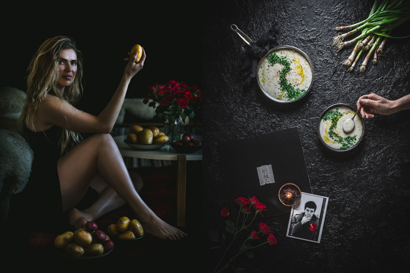 Ian Curtis and Joy Division Unknown Pleasures record with red roses and a girl holding a potato