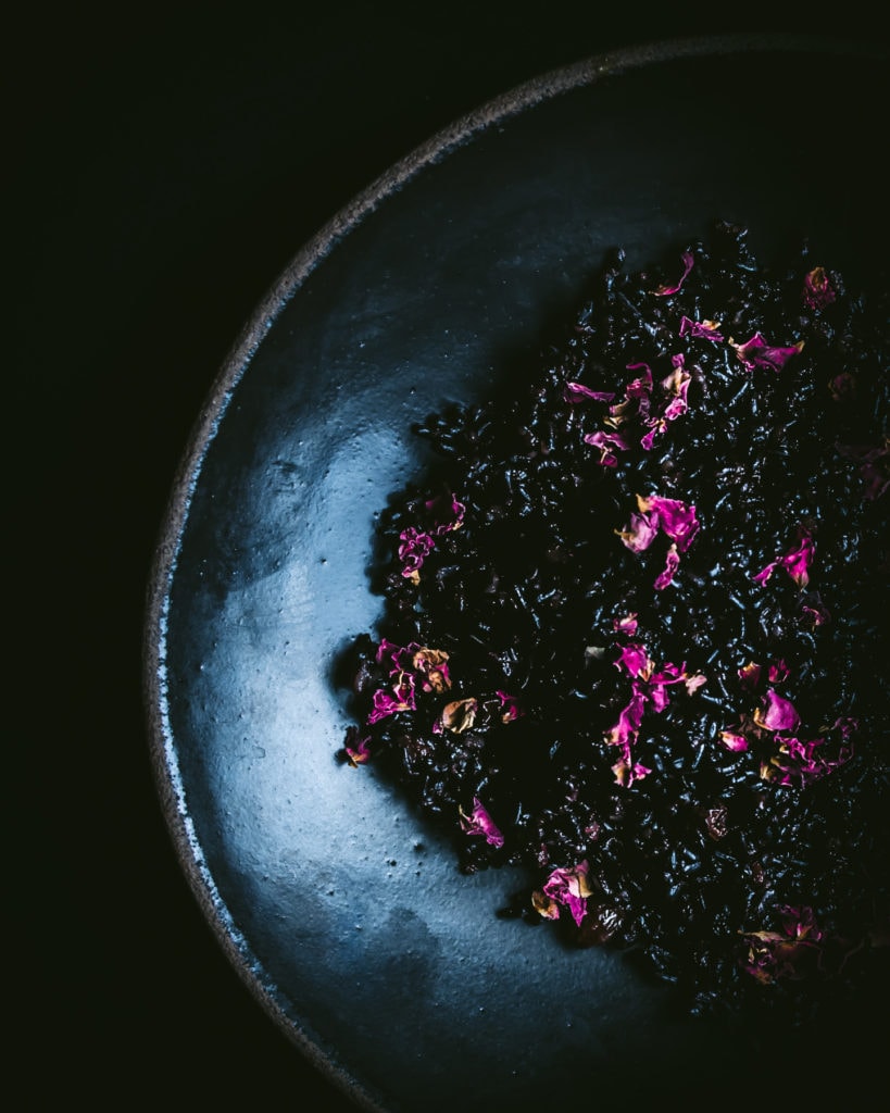 forbidden black cardamom rose rice on black MMClay dish