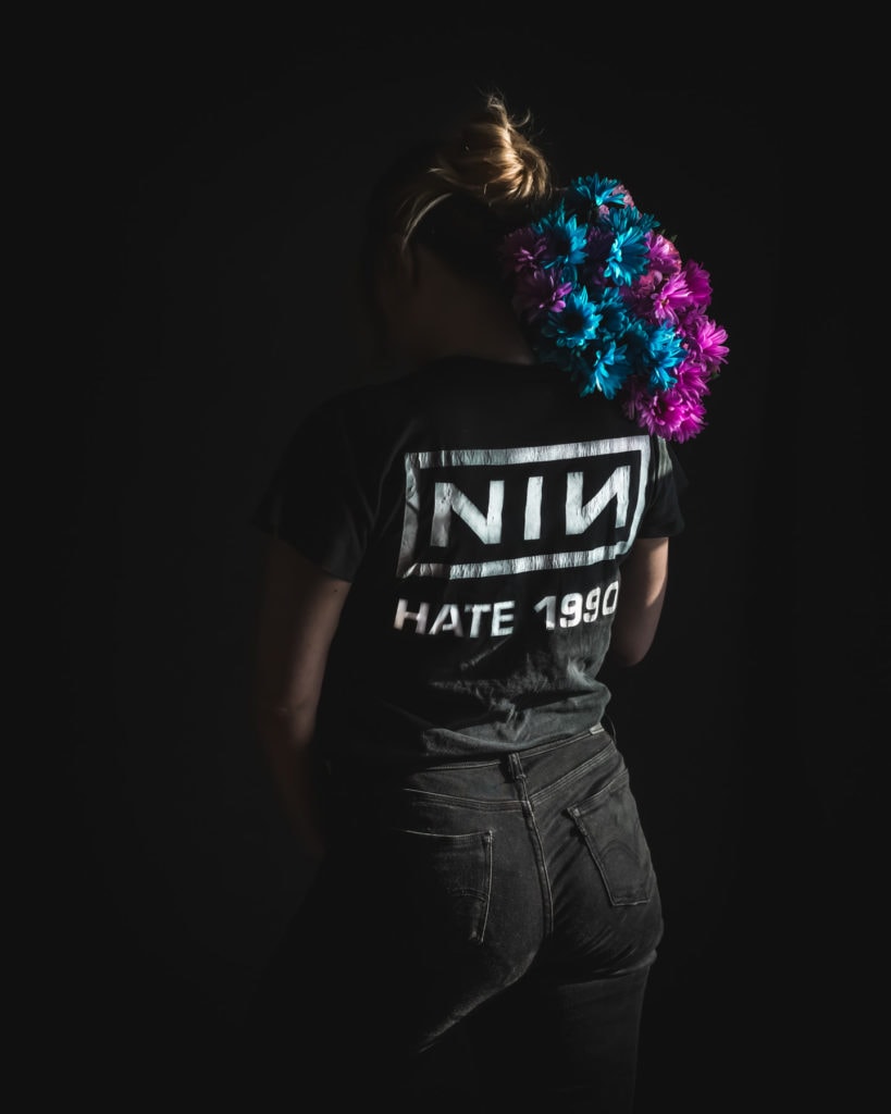 vintage Pretty Hate Machine Hate 1990 shirt by Nine Inch Nails NIN worn by blonde girl