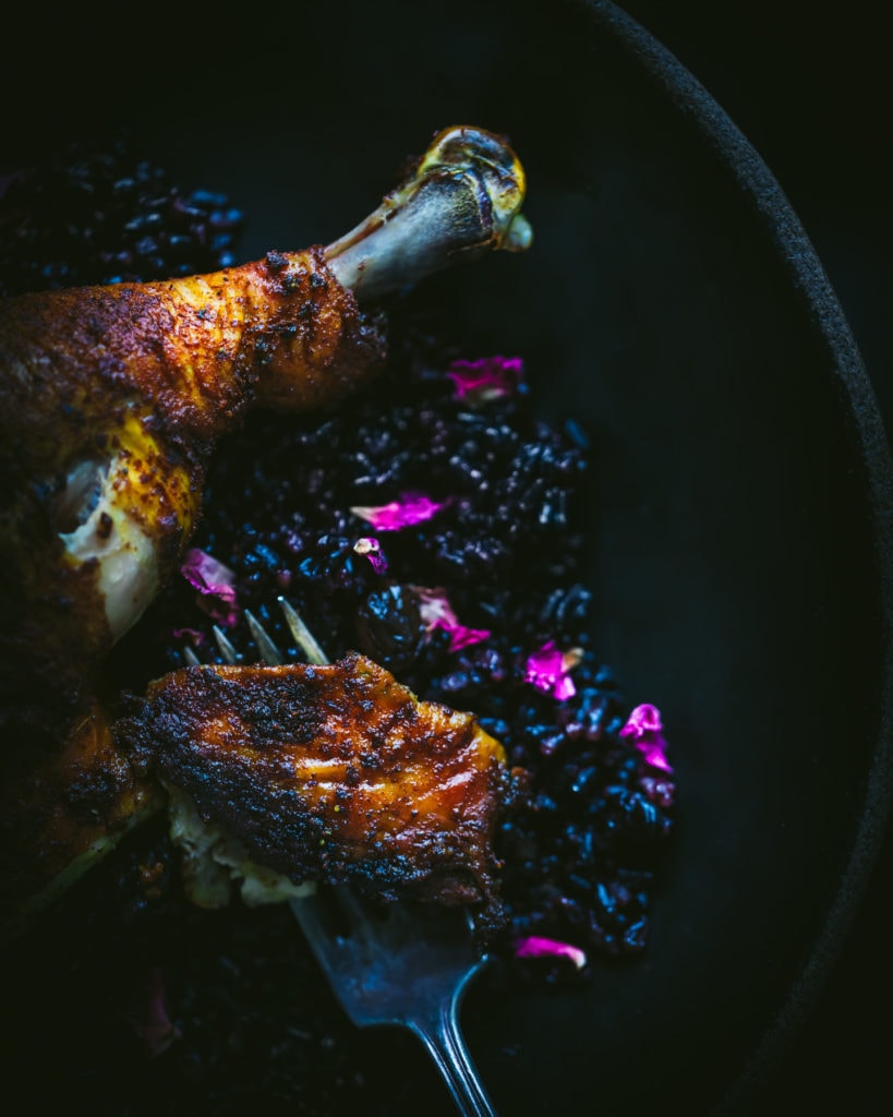 Persian-spiced chicken leg with black cardamom rose rice