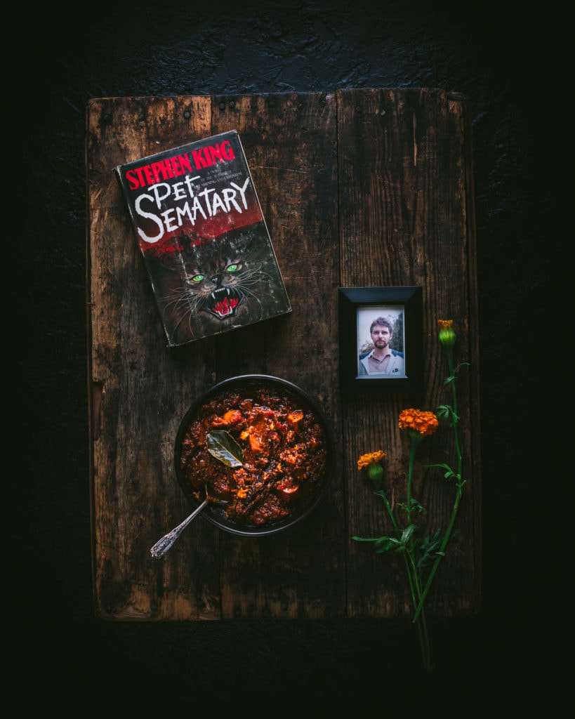 Pet Sematary book club edition book with bowl of chili inspired by Louis Creed