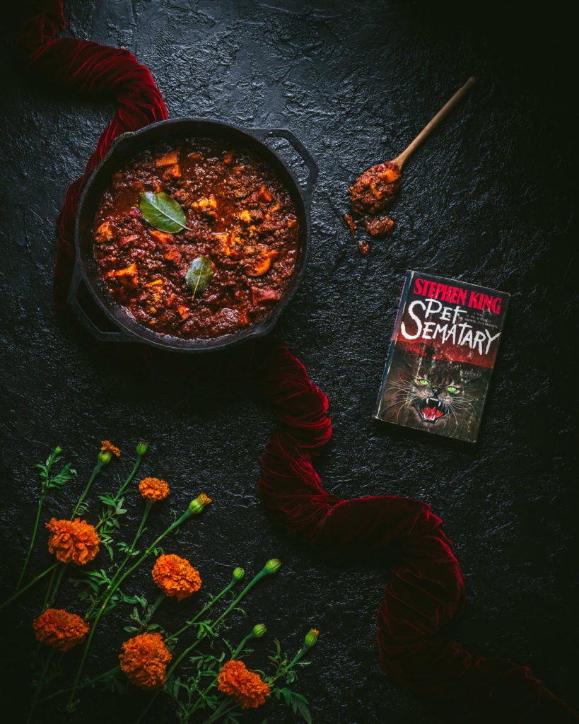 Pet Sematary book club edition book with pot of chili inspired by Louis Creed