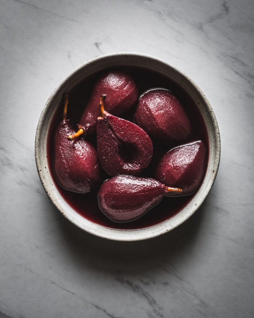 Mulled wine poached pears in bowl