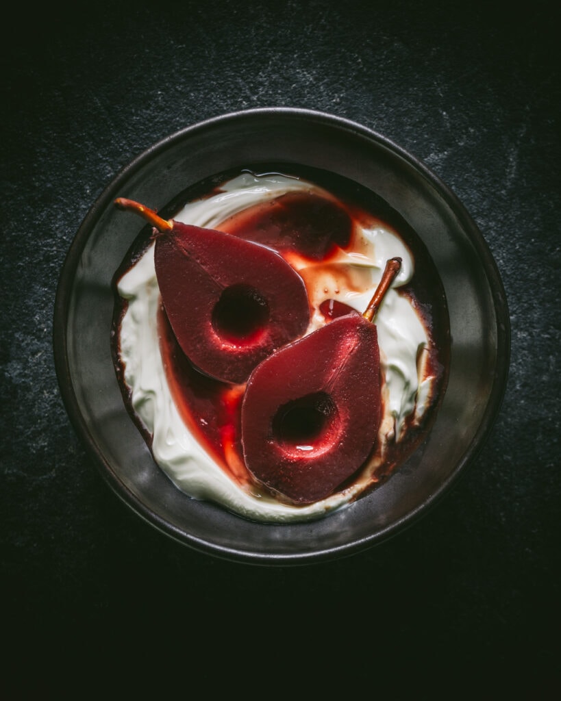 Mulled wine poached pears with greek yogurt