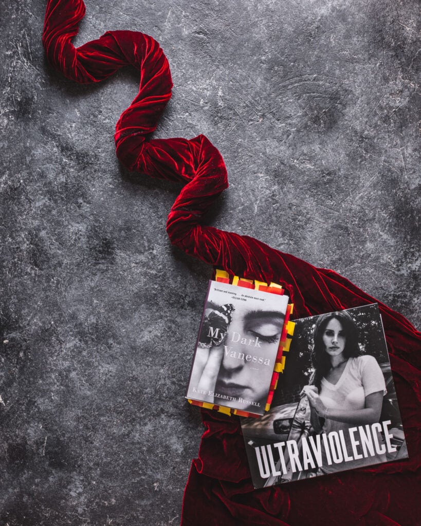Lana Del Ray Ultraviolence vinyl with My Dark Vanessa on red velvet